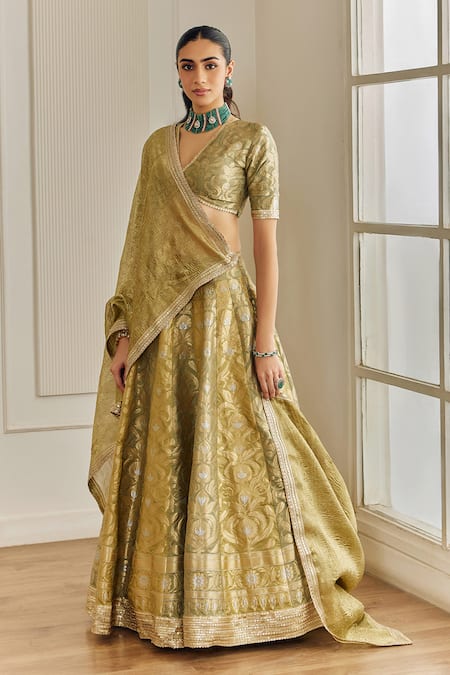 Studio Iris India_Green Silk, Tissue Zari, Embroidery V-neck Floral Woven Lehenga Set _Online_at_Aza_Fashions