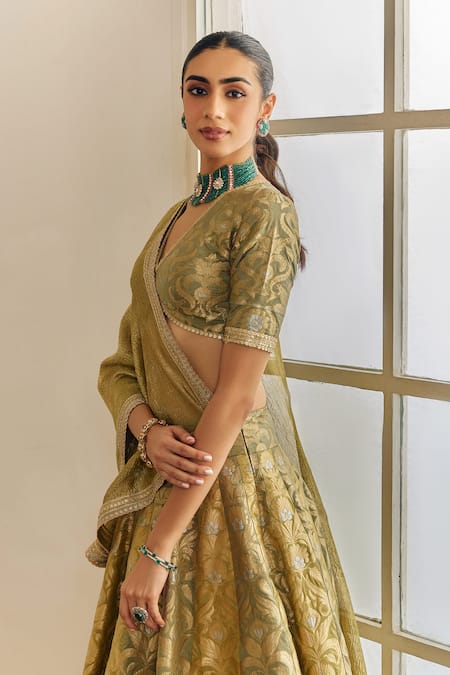 Buy_Studio Iris India_Green Silk, Tissue Zari, Embroidery V-neck Floral Woven Lehenga Set _Online_at_Aza_Fashions