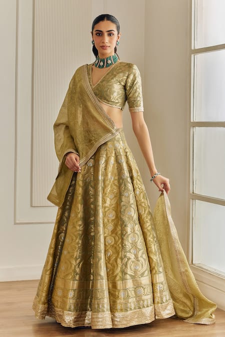 Shop_Studio Iris India_Green Silk, Tissue Zari, Embroidery V-neck Floral Woven Lehenga Set _Online_at_Aza_Fashions