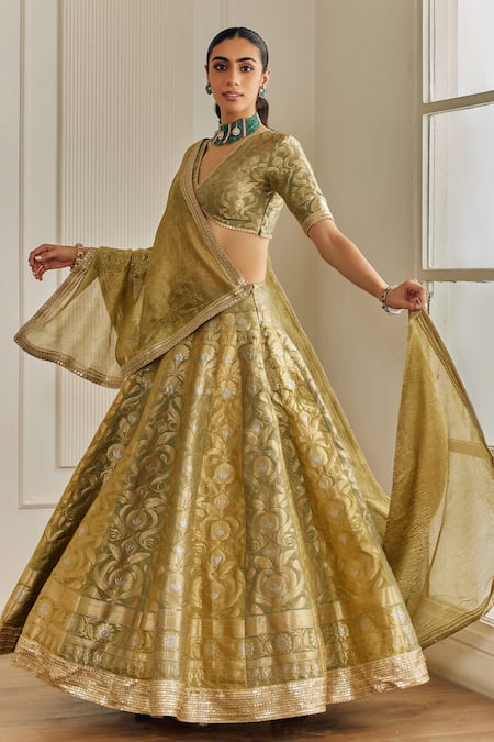 Studio Iris India_Green Silk, Tissue Zari, Embroidery V-neck Floral Woven Lehenga Set _at_Aza_Fashions