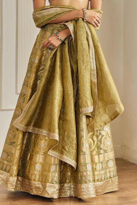 Buy_Studio Iris India_Green Silk, Tissue Zari, Embroidery V-neck Floral Woven Lehenga Set 