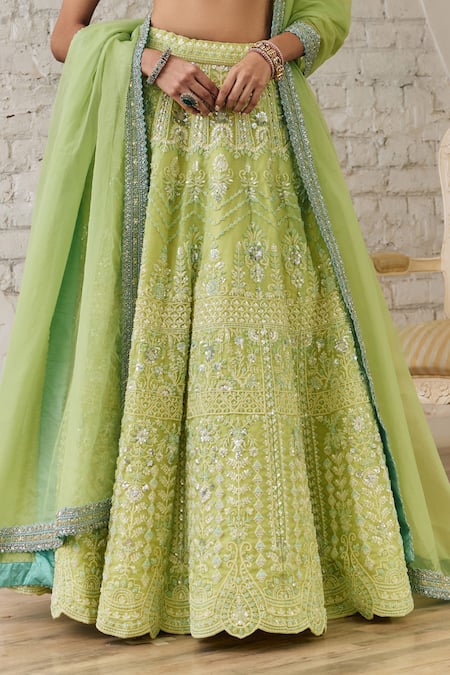 Studio Iris India_Green Organza Sequins, Beads V-neck Blossom Embroidered Lehenga Set _Online_at_Aza_Fashions