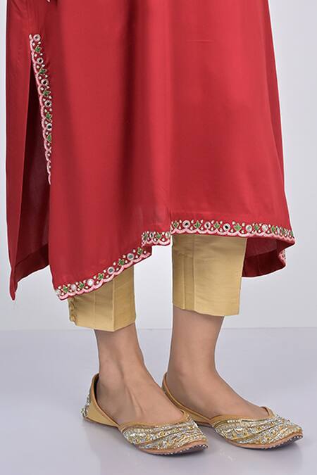 Kaika Red Modal, Satin, Silk Mirrors, Embroidery V-neck Kaftan And Cigarette Pant Set Online at Aza Fashions Kaika_Red Modal, Satin, Silk Mirrors, Embroidery V-neck Kaftan And Cigarette Pant Set_Online_at_Aza_Fashions