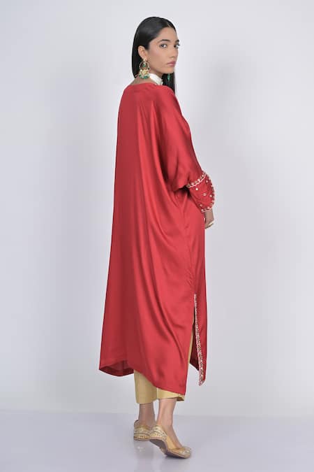 Shop Kaika Red Modal, Satin, Silk Mirrors, Embroidery V-neck Kaftan And Cigarette Pant Set at Aza Fashions Shop_Kaika_Red Modal, Satin, Silk Mirrors, Embroidery V-neck Kaftan And Cigarette Pant Set_at_Aza_Fashions