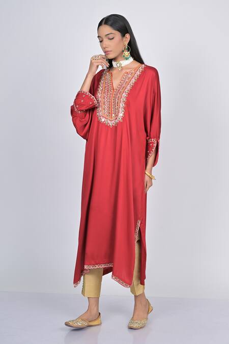 Buy Kaika Red Modal, Satin, Silk Mirrors, Embroidery V-neck Kaftan And Cigarette Pant Set Online at Aza Fashions Buy_Kaika_Red Modal, Satin, Silk Mirrors, Embroidery V-neck Kaftan And Cigarette Pant Set_Online_at_Aza_Fashions