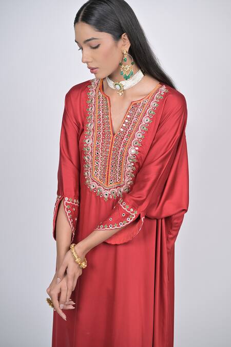 Shop Kaika Red Modal, Satin, Silk Mirrors, Embroidery V-neck Kaftan And Cigarette Pant Set Online at Aza Fashions Shop_Kaika_Red Modal, Satin, Silk Mirrors, Embroidery V-neck Kaftan And Cigarette Pant Set_Online_at_Aza_Fashions