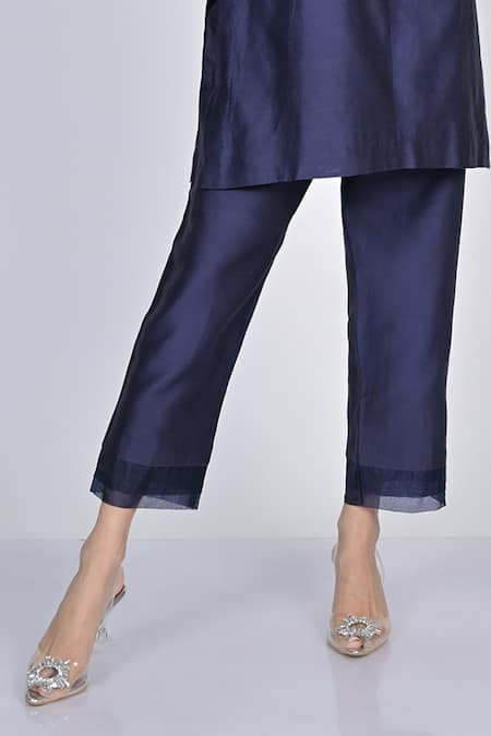 Kaika_Blue Chanderi, Organza Mirrors, Embroidery Mandarin Collar Kurta Pant Set_Online_at_Aza_Fashions