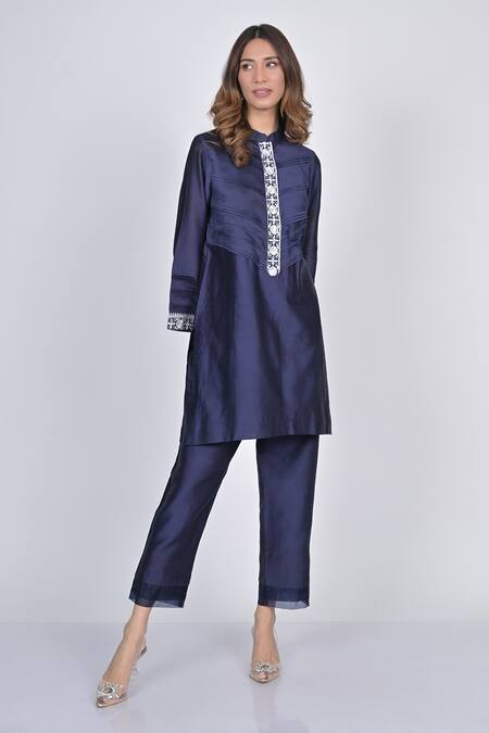 Buy_Kaika_Blue Chanderi, Organza Mirrors, Embroidery Mandarin Collar Kurta Pant Set_Online_at_Aza_Fashions