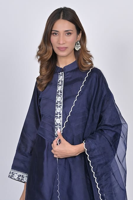 Shop_Kaika_Blue Chanderi, Organza Mirrors, Embroidery Mandarin Collar Kurta Pant Set_Online_at_Aza_Fashions