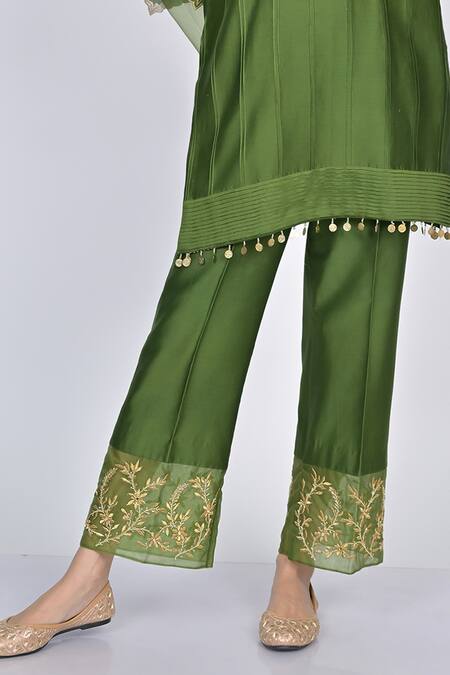 Kaika_Green Chanderi, Organza Beads, Sequins, Embroidery, Floral Kurta Pant Set_Online_at_Aza_Fashions
