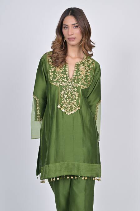 Shop_Kaika_Green Chanderi, Organza Beads, Sequins, Embroidery, Floral Kurta Pant Set_Online_at_Aza_Fashions