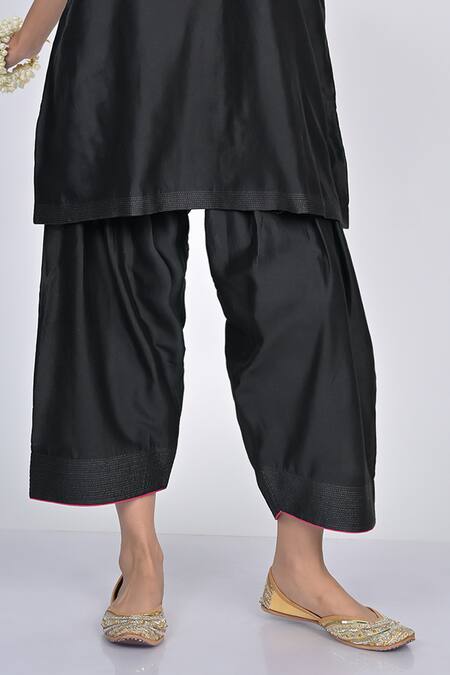 Kaika_Black Chanderi Embroidery, Mirrors, Sequins, Beads Floral Choga Kurta Set_Online_at_Aza_Fashions