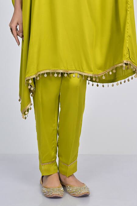 Kaika_Green Modal Mirrors, Tassels V-neck Embroidered Kaftan And Pant Set_Online_at_Aza_Fashions