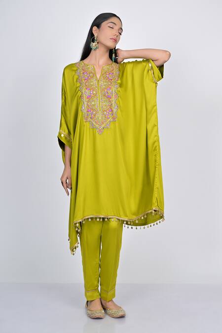 Buy_Kaika_Green Modal Mirrors, Tassels V-neck Embroidered Kaftan And Pant Set_Online_at_Aza_Fashions