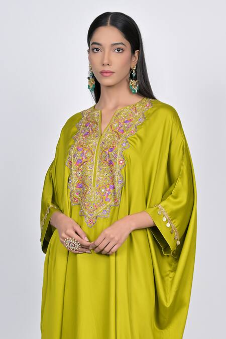 Shop_Kaika_Green Modal Mirrors, Tassels V-neck Embroidered Kaftan And Pant Set_Online_at_Aza_Fashions