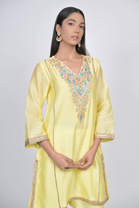 Buy_Kaika_Yellow Chanderi, Modal Beads, Sequins, Mirrors Embroidered Kurta Set With Salwar_Online_at_Aza_Fashions