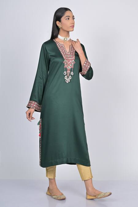 Kaika_Green Modal, Satin, Silk Mirrors, Sequins, Beads, Floral Embroidered Kurta Set_Online_at_Aza_Fashions