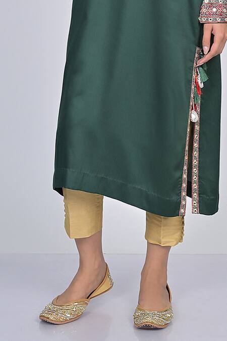 Buy_Kaika_Green Modal, Satin, Silk Mirrors, Sequins, Beads, Floral Embroidered Kurta Set_Online_at_Aza_Fashions