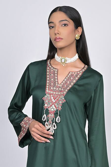 Shop_Kaika_Green Modal, Satin, Silk Mirrors, Sequins, Beads, Floral Embroidered Kurta Set_Online_at_Aza_Fashions