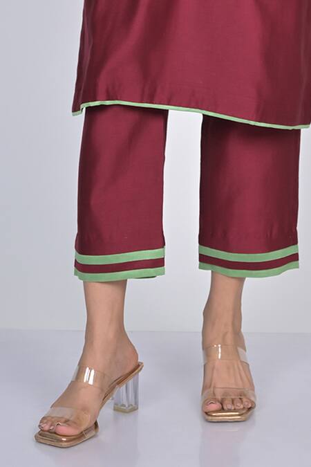 Kaika Maroon Chanderi, Organza Mirrors, Sequins, Beads, Vine Kurta Pant Set Online at Aza Fashions Kaika_Maroon Chanderi, Organza Mirrors, Sequins, Beads, Vine Kurta Pant Set_Online_at_Aza_Fashions