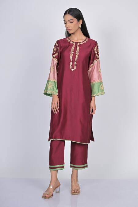 Buy Kaika Maroon Chanderi, Organza Mirrors, Sequins, Beads, Vine Kurta Pant Set Online at Aza Fashions Buy_Kaika_Maroon Chanderi, Organza Mirrors, Sequins, Beads, Vine Kurta Pant Set_Online_at_Aza_Fashions