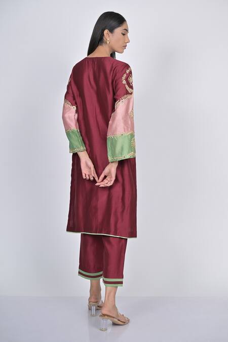 Shop Kaika Maroon Chanderi, Organza Mirrors, Sequins, Beads, Vine Kurta Pant Set at Aza Fashions Shop_Kaika_Maroon Chanderi, Organza Mirrors, Sequins, Beads, Vine Kurta Pant Set_at_Aza_Fashions