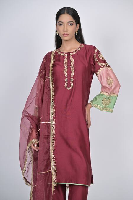 Shop Kaika Maroon Chanderi, Organza Mirrors, Sequins, Beads, Vine Kurta Pant Set Online at Aza Fashions Shop_Kaika_Maroon Chanderi, Organza Mirrors, Sequins, Beads, Vine Kurta Pant Set_Online_at_Aza_Fashions