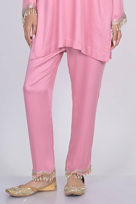 Kaika_Pink Modal Sequins, Pearls Round Neck Floral Mirror Embroidered Kurta Set_Online_at_Aza_Fashions