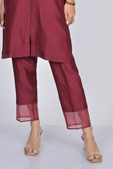 Kaika_Maroon Chanderi, Organza Mirrors, Embroidery Round Neck Kurta Set_Online_at_Aza_Fashions