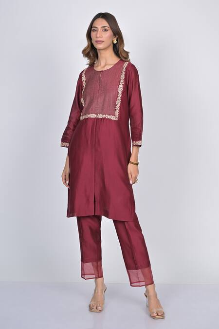 Buy_Kaika_Maroon Chanderi, Organza Mirrors, Embroidery Round Neck Kurta Set_Online_at_Aza_Fashions