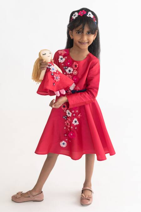 A Little Fable Pink Polyester, Cotton Fabric Flowers 3d Embroidered Dress Online at Aza Fashions A Little Fable_Pink Polyester, Cotton Fabric Flowers 3d Embroidered Dress _Online_at_Aza_Fashions