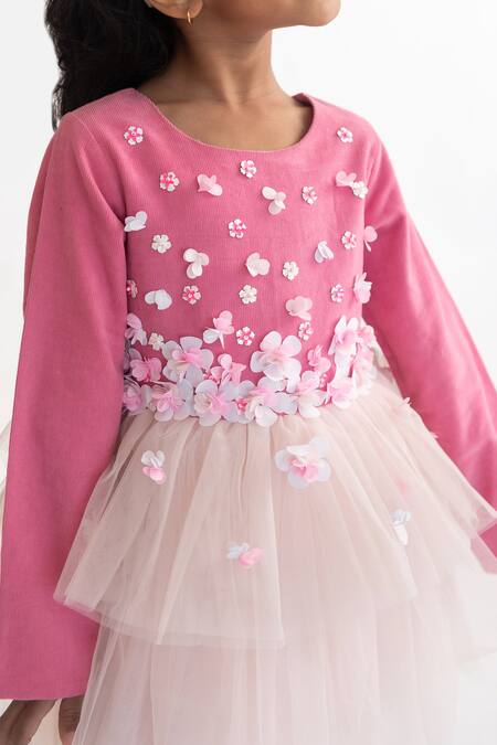 A Little Fable Pink Polyester Fabric Flowers Hand Embellished 3d Dress Online at Aza Fashions A Little Fable_Pink Polyester Fabric Flowers Hand Embellished 3d Dress _Online_at_Aza_Fashions