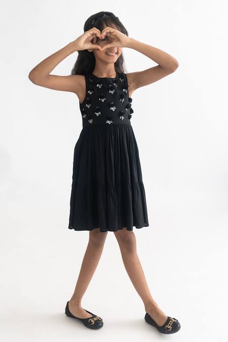 A Little Fable_Black Modal Sequins, Fabric Flowers Tiered 3d Embroidered Dress _Online_at_Aza_Fashions