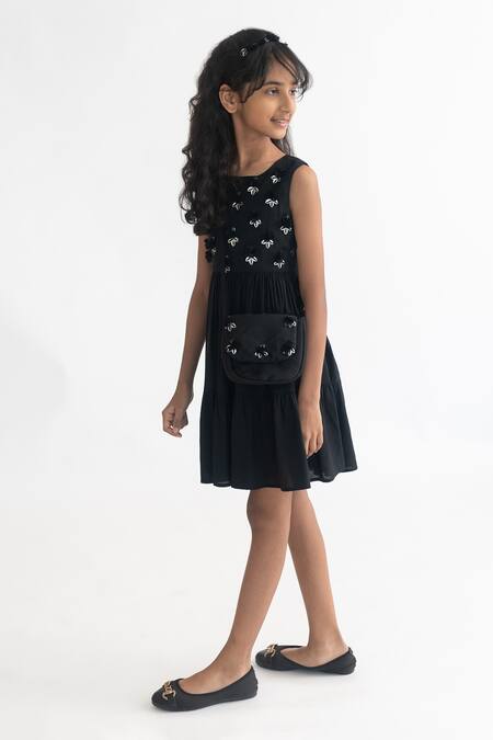 Buy_A Little Fable_Black Modal Sequins, Fabric Flowers Tiered 3d Embroidered Dress _Online_at_Aza_Fashions