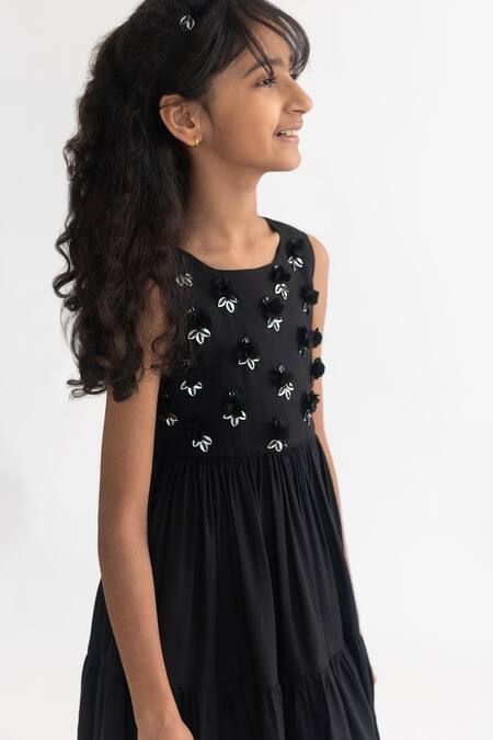 Shop_A Little Fable_Black Modal Sequins, Fabric Flowers Tiered 3d Embroidered Dress _Online_at_Aza_Fashions