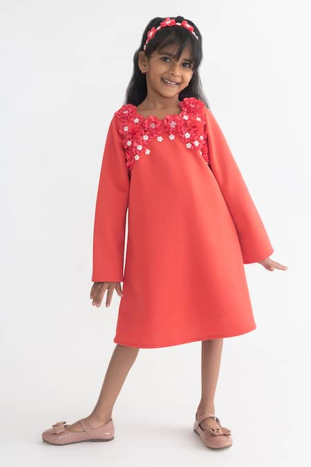 A Little Fable Coral Polyester Pearls, Sequins, Fabric Flowers And 3d Embroidered Dress Online at Aza Fashions A Little Fable_Coral Polyester Pearls, Sequins, Fabric Flowers And 3d Embroidered Dress _Online_at_Aza_Fashions