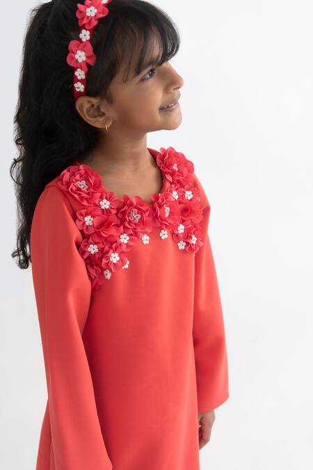 Shop A Little Fable Coral Polyester Pearls, Sequins, Fabric Flowers And 3d Embroidered Dress Online at Aza Fashions Shop_A Little Fable_Coral Polyester Pearls, Sequins, Fabric Flowers And 3d Embroidered Dress _Online_at_Aza_Fashions
