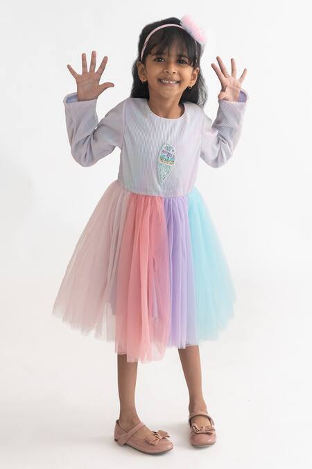 A Little Fable_Multi Color Polyester Sequins, Beads Ice Cream Embroidered Dress _Online_at_Aza_Fashions
