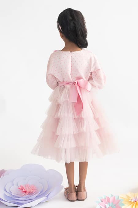 A Little Fable Pink Ruffle Dress with 3D Flower Embroidery 