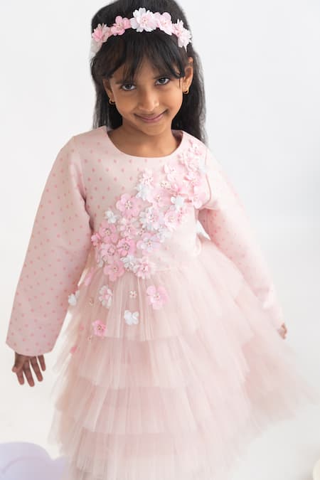 A Little Fable_Pink Polyester, Cotton Fabric Flowers Ruffle Dress With 3d Embroidery _Online_at_Aza_Fashions