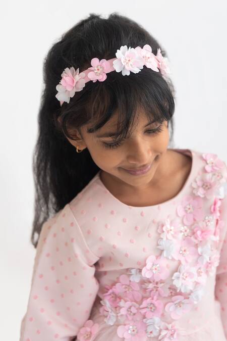 Buy_A Little Fable_Pink Polyester, Cotton Fabric Flowers Ruffle Dress With 3d Embroidery _Online_at_Aza_Fashions