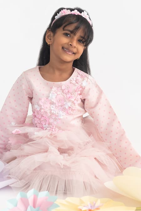 Shop_A Little Fable_Pink Polyester, Cotton Fabric Flowers Ruffle Dress With 3d Embroidery _Online_at_Aza_Fashions