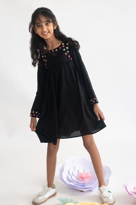 Buy_A Little Fable_Black Modal Knee-length Embroidered Dress _Online_at_Aza_Fashions