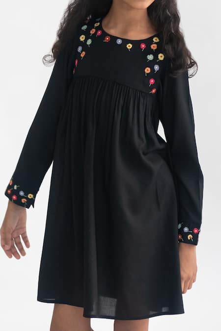 Shop_A Little Fable_Black Modal Knee-length Embroidered Dress _Online_at_Aza_Fashions