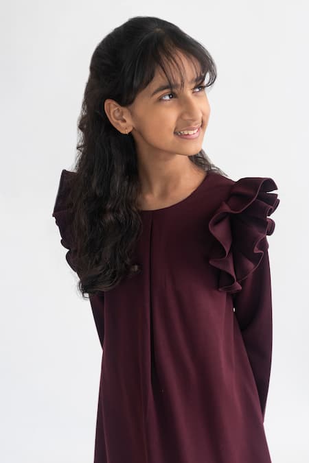 Shop_A Little Fable_Wine Polyester Prune A-line Ruffle Dress _Online_at_Aza_Fashions