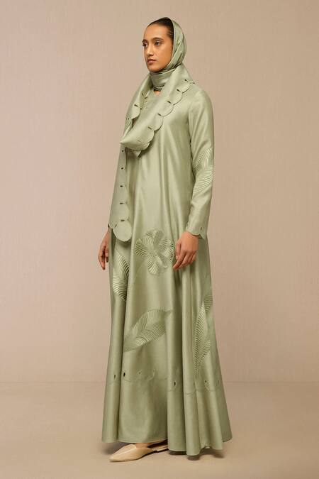 Ampm Green Cut Work Pista Silk Scarf Online at Aza Fashions Ampm_Green Cut Work Pista Silk Scarf _Online_at_Aza_Fashions