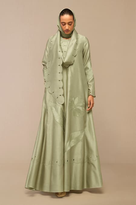 Ampm Green Cut Work Pista Silk Scarf 