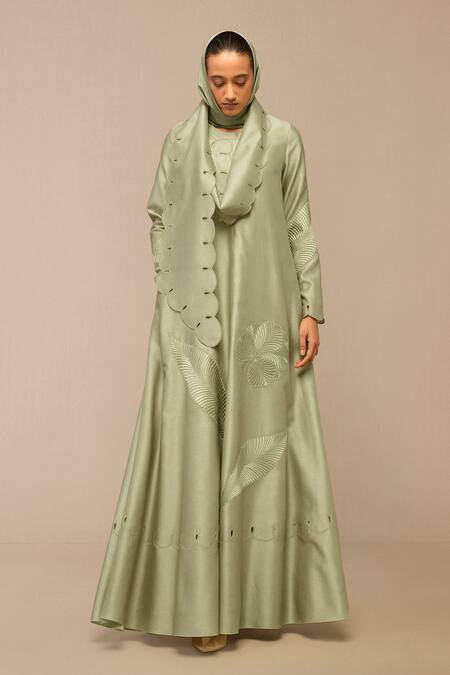 Shop Ampm Green Cut Work Pista Silk Scarf Online at Aza Fashions Shop_Ampm_Green Cut Work Pista Silk Scarf _Online_at_Aza_Fashions