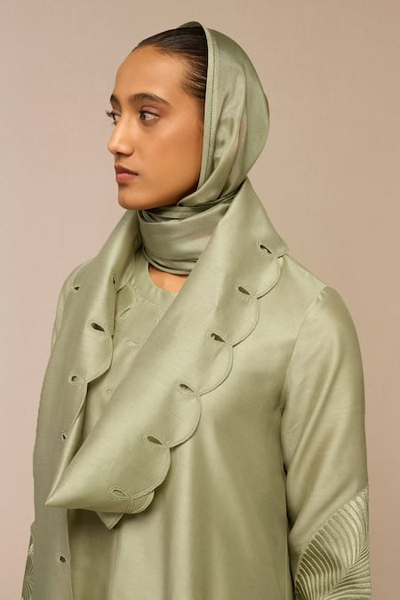 Shop Ampm Green Cut Work Pista Silk Scarf at Aza Fashions Shop_Ampm_Green Cut Work Pista Silk Scarf _at_Aza_Fashions