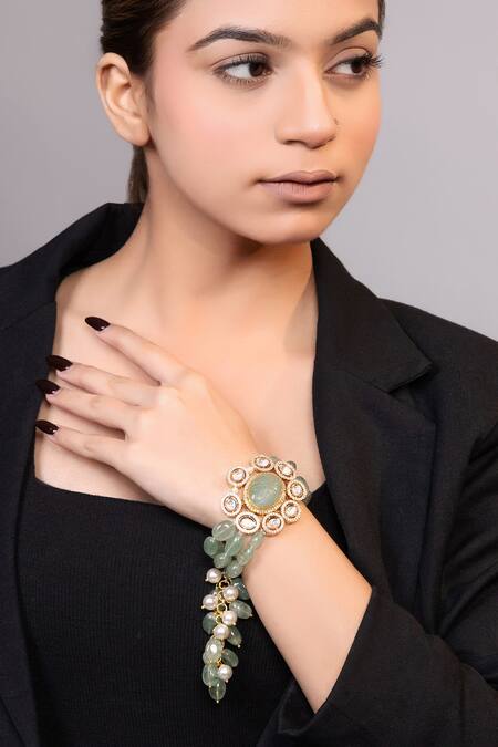 Xago_Gold Plated Pearls, Stones, Beads, Metallic Thread Moissanite Floral Bracelet _Online_at_Aza_Fashions